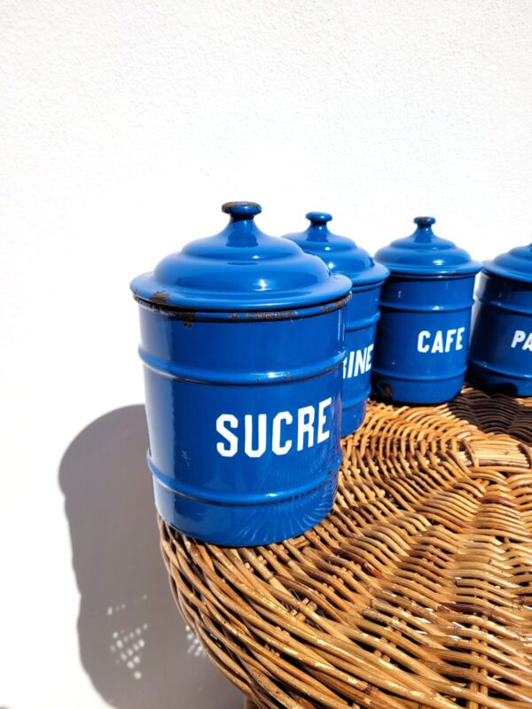 Set pots epices anciens tole emaillee bleue 05