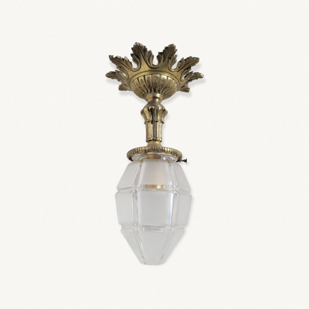 Joli Plafonnier Vintage Bronze Doré Et Pâte De Verre Blanche - 1 Luminaire