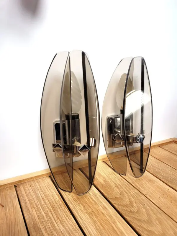 Paire lampes dapplique vintage verre fume 06