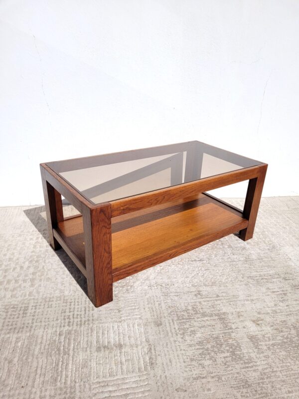 Table basse vintage bois et verre fume 1970 02