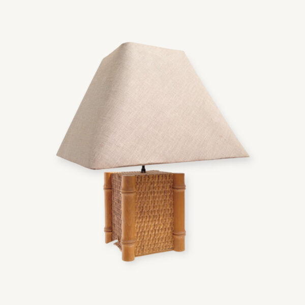 Lampe vintage 1980 pied bambou et abat jour tissé 01