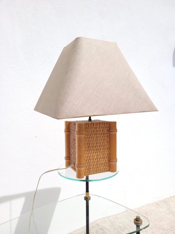 Lampe vintage 1980 pied bambou et abat jour tissé 03