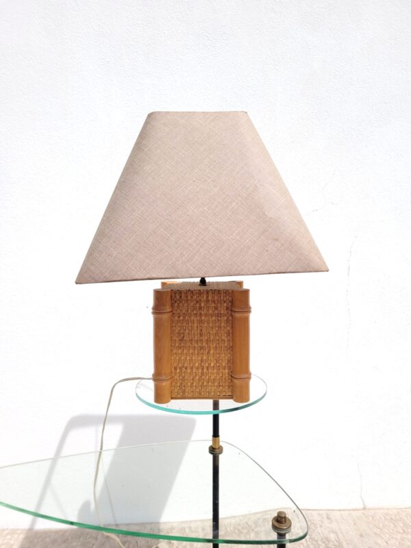 Lampe vintage 1980 pied bambou et abat jour tissé 06