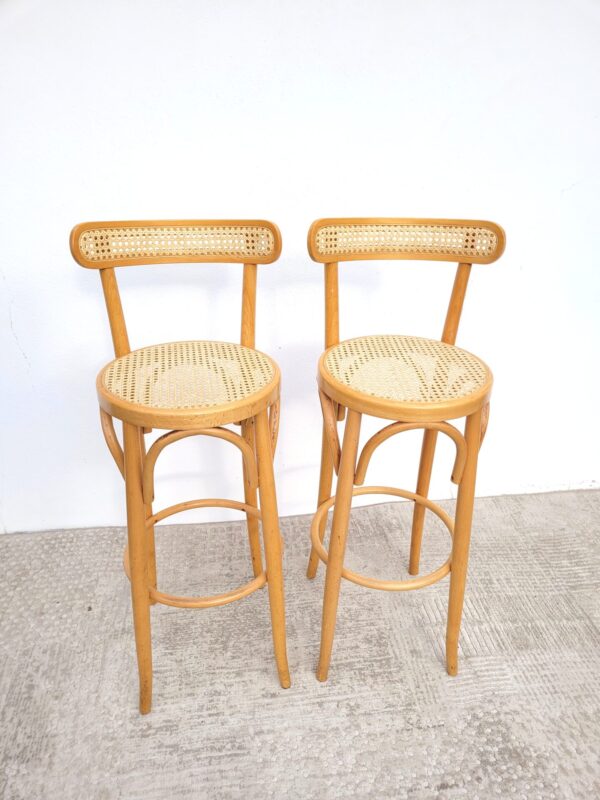 Paire de tabourets haut bois et cannage rotin 01