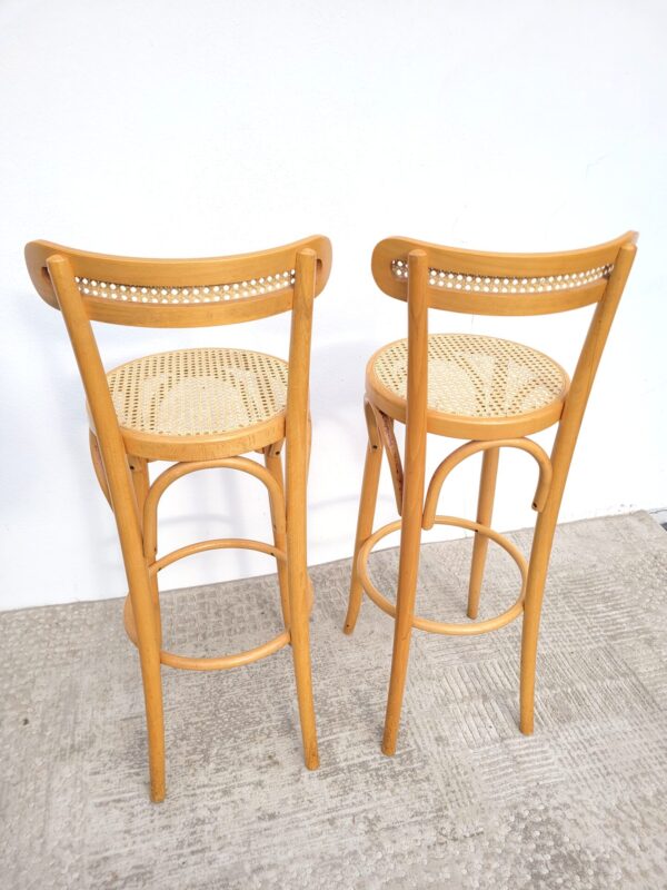 Paire de tabourets haut bois et cannage rotin 04