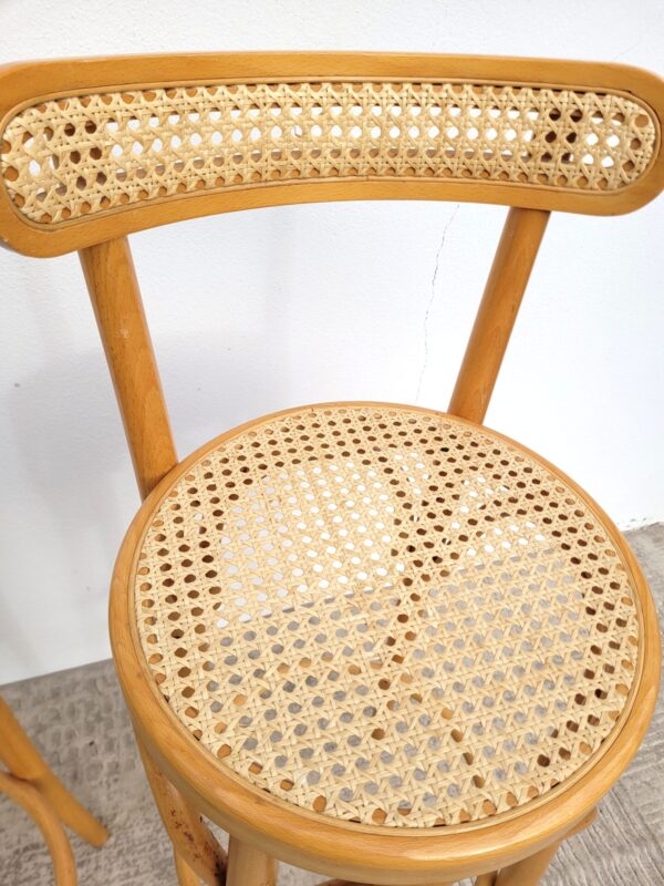 Paire de tabourets haut bois et cannage rotin 08
