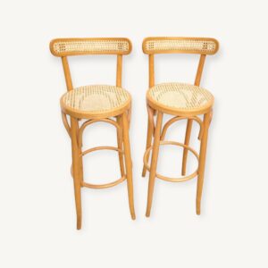 Paire de tabourets haut bois et cannage rotin 10