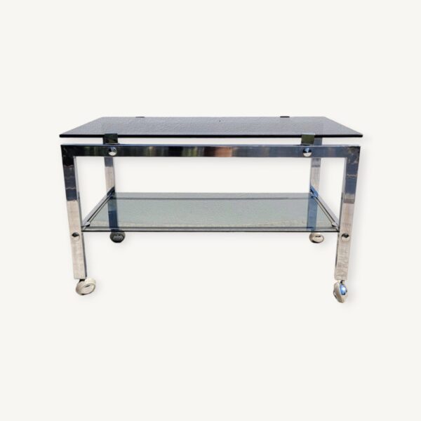 Table basse roulante vintage chrome et verre fumé 08