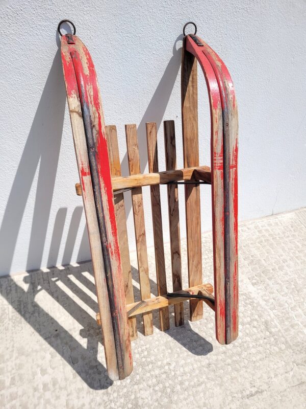 Luge ancienne en bois et patins métal 06
