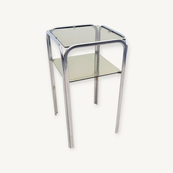 Bout de canapé vintage sellette chrome et verre fumé 70s 06