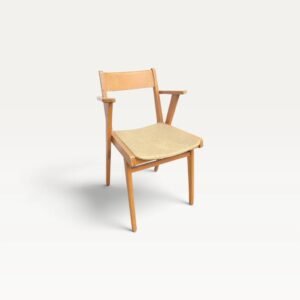 Fauteuil bridge vintage en hêtre et simili cuir jaune pâle années 60 01
