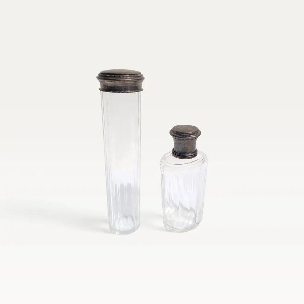 Lot de 2 flacons de voyage vintage en verre et métal argenté v2 01